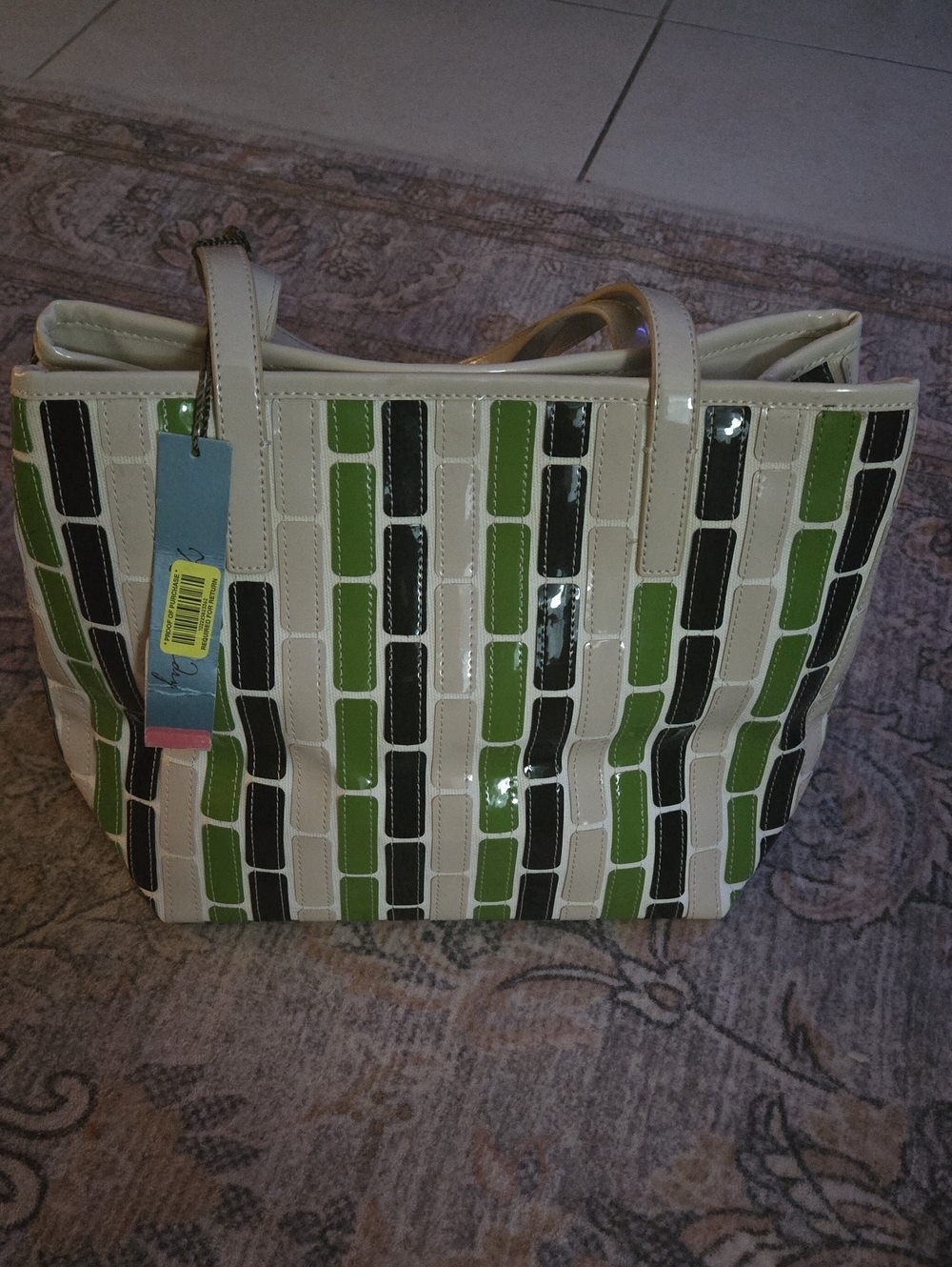 Kate Landry Patent Mosaic Tote in Cream, Green & Black